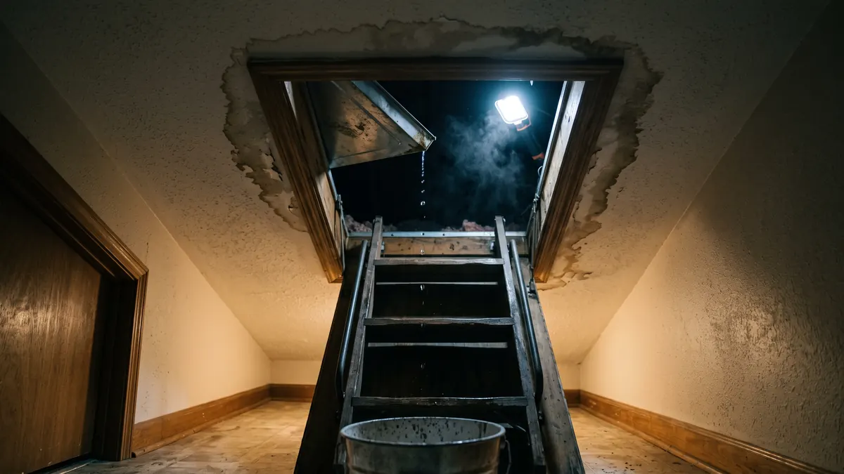 Attic hatch with folding ladder, a drain pan edge dripping water toward a bucket on the hallway floor
