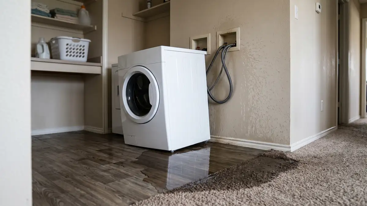 Washing machine pulled from its bay with a kinked supply hose and a puddle reaching the hallway carpet