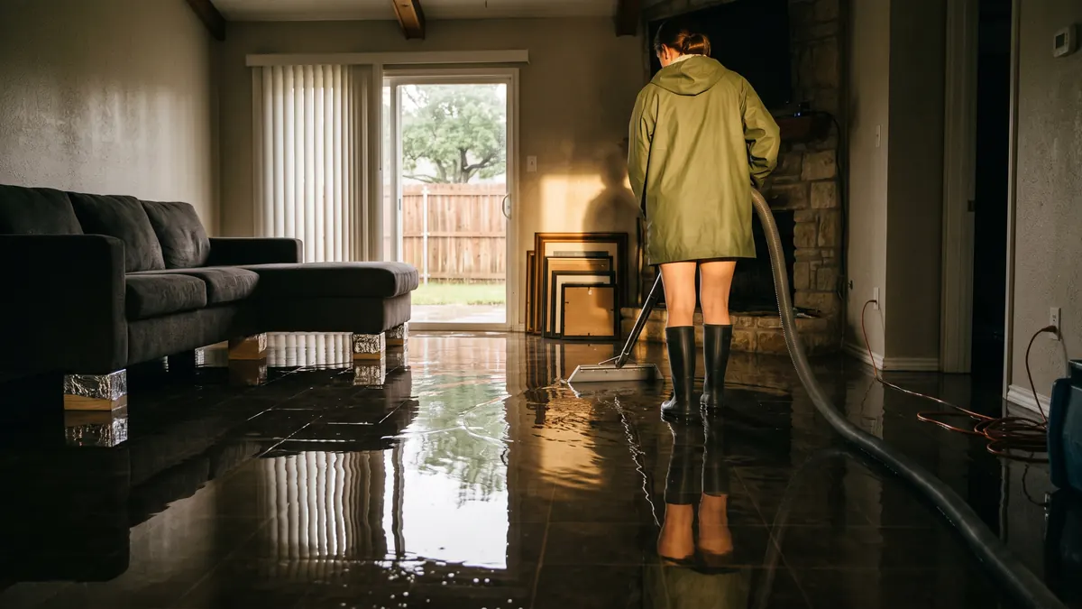Technician seen from behind pushing an extraction wand across a flooded tile floor in a living room