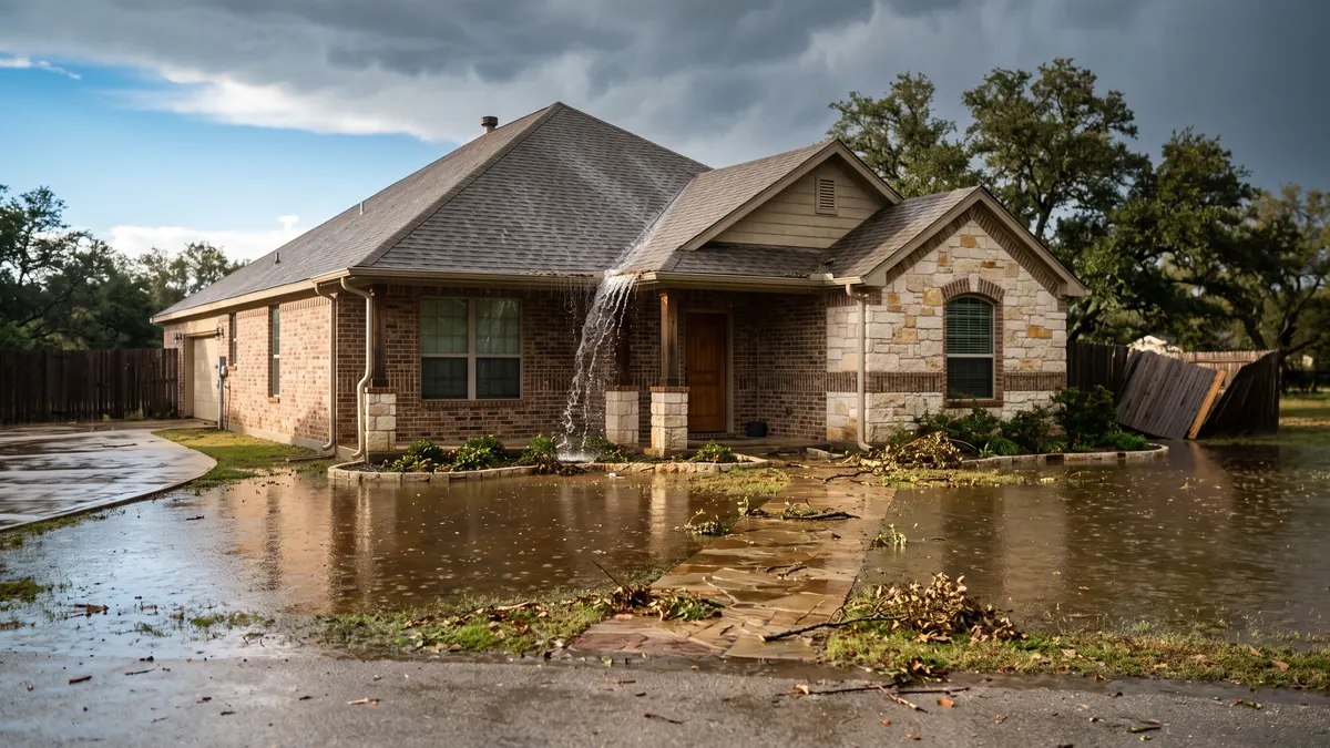 Stone and brick Texas home after a storm with water overshooting a clogged gutter onto a flooded lawn