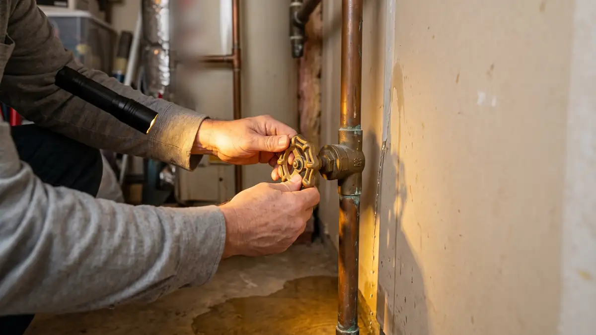 Hands turning a brass shutoff valve on a copper riser by flashlight in a garage